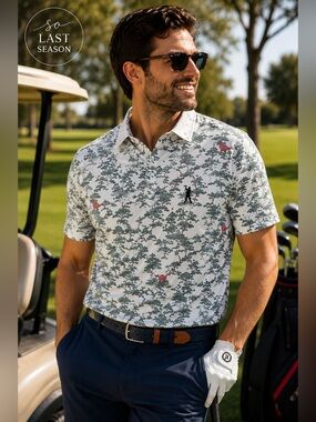 William Murray Golf Bonsai Brontos Dinosaur Print Polo White Green Small